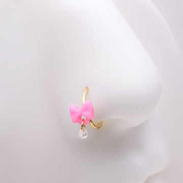 Detail View 1 of Golden Kawaii Pop Bow-Tie Pearl Dangle Bendable Hoop Ring-Pink/White